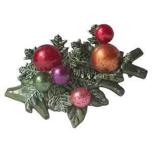 50s Green Carved Celluloid Holly Leaves Ball Ornaments Christmas Spray Brooch